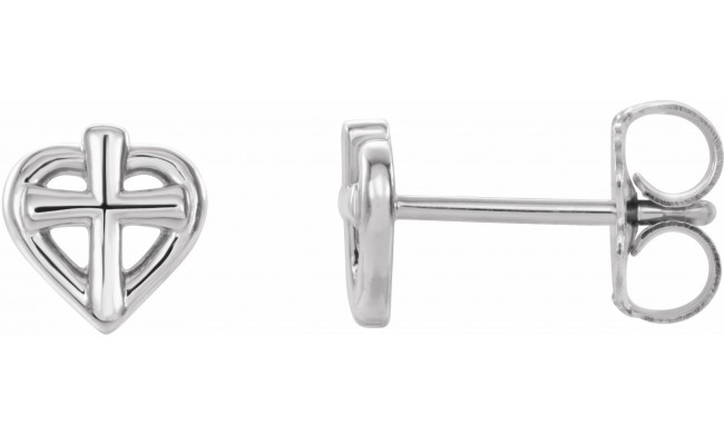 14K White Cross with Heart Youth Earrings