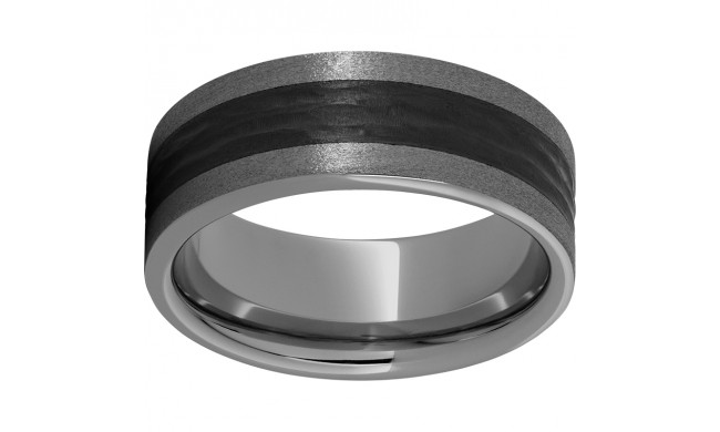 Rugged Tungsten  8mm Pipe Cut Band with Black CeramicBark Finish and Stone Finish Edges