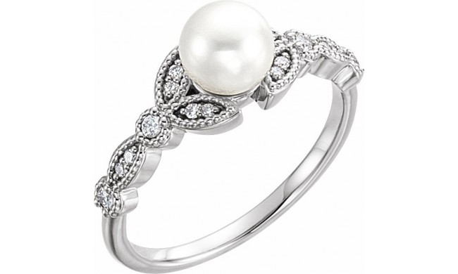 14K White Freshwater Pearl & 1/8 CTW Diamond Leaf Ring