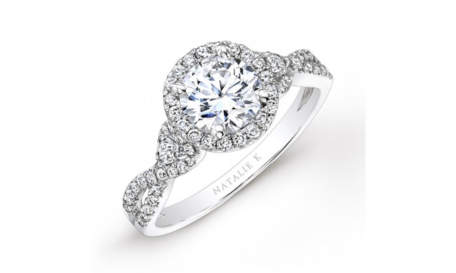 18k White Gold Halo Diamond Engagement Ring with Pear Shaped Side Stones