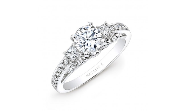 18k White Gold Pave Prong and Bezel Round Diamond Engagement Ring with Side Stones