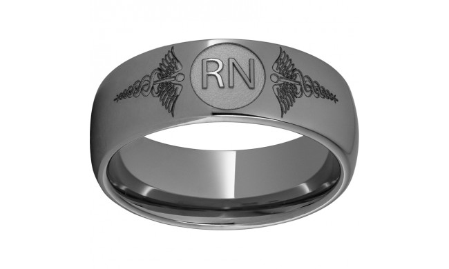 Rugged Tungsten  Domed Band with Laser Engraving of Caduceus & Registered Nurse Initials