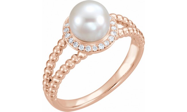 14K Rose Freshwater Cultured Pearl & .08 CTW Diamond Halo-Style Beaded Ring