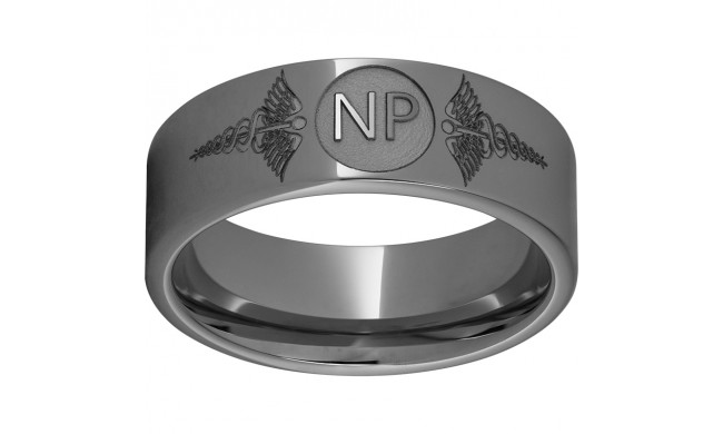 Rugged Tungsten  Pipe Cut Band with Laser Engraving of Caduceus & Nurse Practitioner Initials