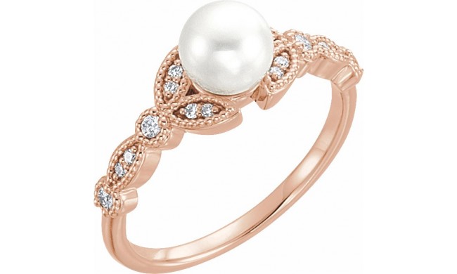 14K Rose Freshwater Pearl & 1/8 CTW Diamond Leaf Ring