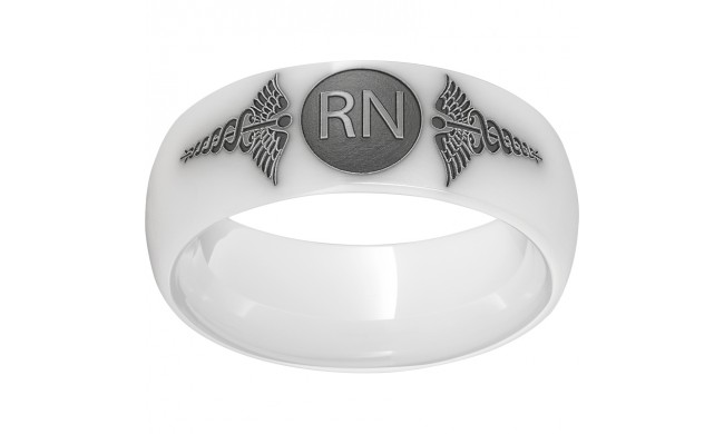 White Diamond Ceramic Domed Band with Laser Engraving of Caduceus & Registered Nurse Initials