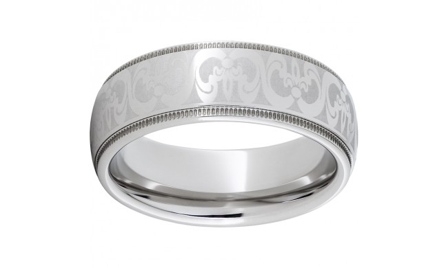 Serinium Domed Grooved Edge Band with Fleur De Lis Laser Engraving and Milgrain Edge
