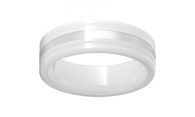 White Diamond CeramicFlat Ring with Rounded Edges and a 2mm Sterling Silver Inlay
