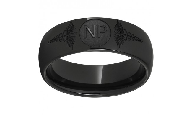 Black Diamond Ceramic Domed Band with Laser Engraving of Caduceus & Nurse Practitioner Initials