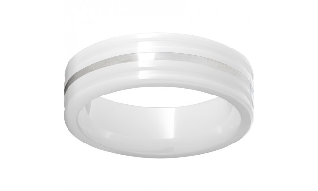 White Diamond CeramicFlat Ring with Rounded Edges and a 1mm Sterling Silver Inlay
