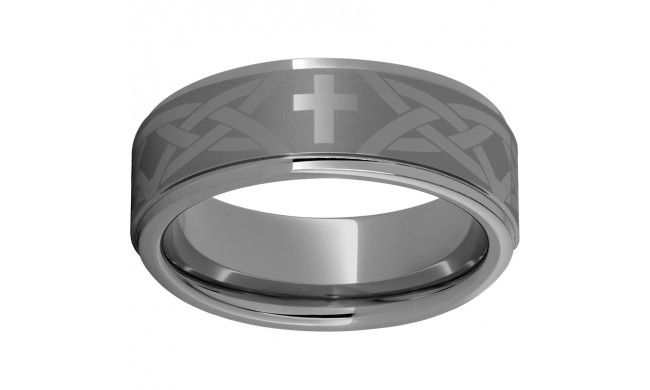 Rugged Tungsten  8mm Flat Grooved Edge Band with Cross Knot Laser Engraving