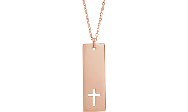 14K Rose Pierced Cross Engravable Bar 16-18 Necklace