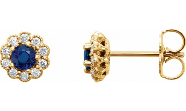 14K Yellow 3.2 mm Round Blue Sapphire & 1/6 CTW Diamond Earrings