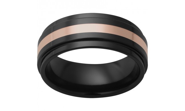 Black Diamond Ceramic Flat Band with Grooved Edges and a 2mm 14K Rose Gold Inlay