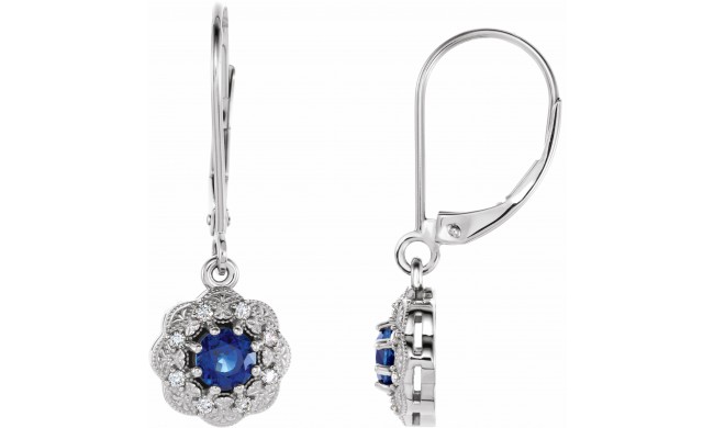 14K White Blue Sapphire & 1/10 CTW Diamond Halo-Style Earrings