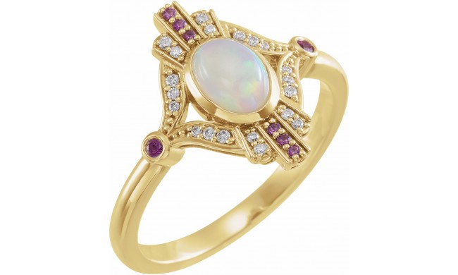 14K Yellow Cabochon Ethiopian Opal, Pink Sapphire & .06 CTW Diamond Ring