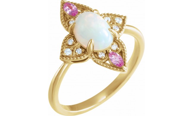 14K Yellow Ethiopian Opal, Pink Sapphire & .05 CTW Diamond Vintage-Inspired Ring