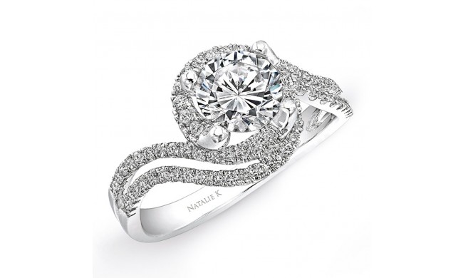 18k White Gold Halo Diamond Split Swirl Shank Engagement Semi Mount Ring