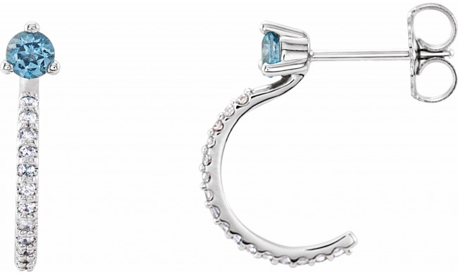 14K White Aquamarine & 1/6 CTW Diamond Hoop Earrings