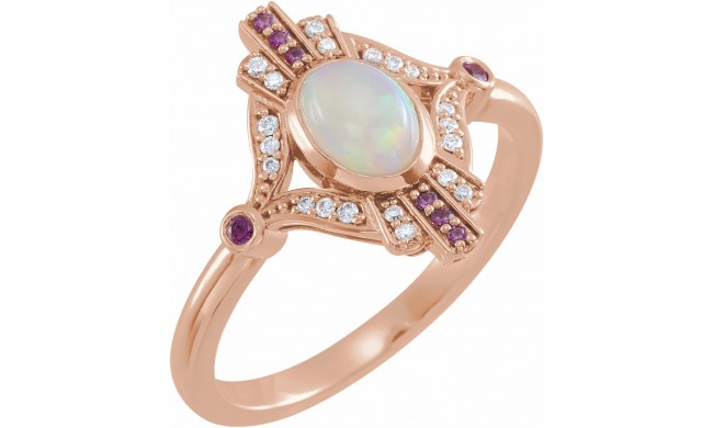 14K Rose Cabochon Ethiopian Opal, Pink Sapphire & .06 CTW Diamond Ring