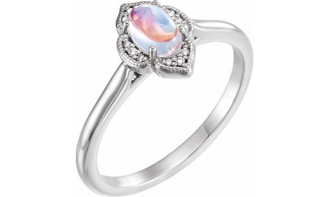 14K White Rainbow Moonstone & .03 CTW Diamond Clover Cabochon Ring