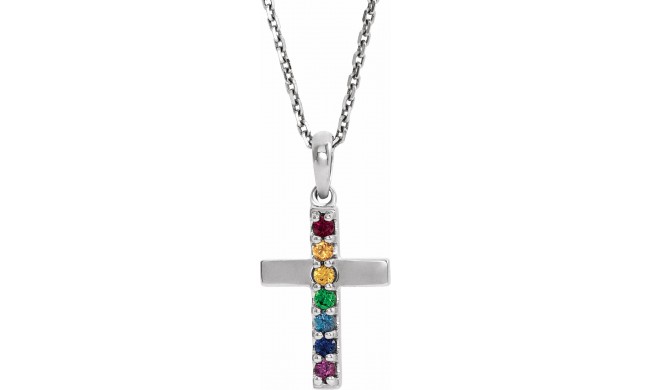 14K White Multi-Gemstone Cross 16-18 Necklace