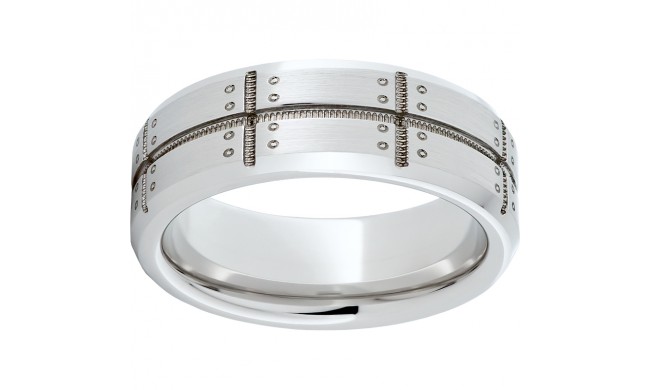 Serinium Flat Band with Beveled Edges, Milgrain Grooves, Faux Rivets, and Satin Finish