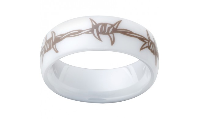 White Diamond CeramicDomed Ring with a Barbwire Laser Engraving