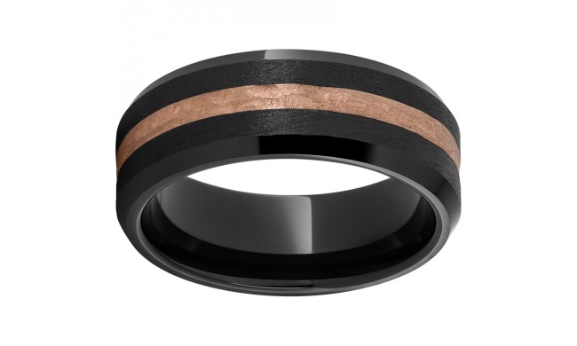 Black Diamond Ceramic Beveled Edge Band with a 2mm 14K Rose Gold Bark Finish Inlay and Stone Finish