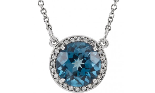 14K White 8 mm Round London Blue Topaz & .05 CTW Diamond 16 Necklace