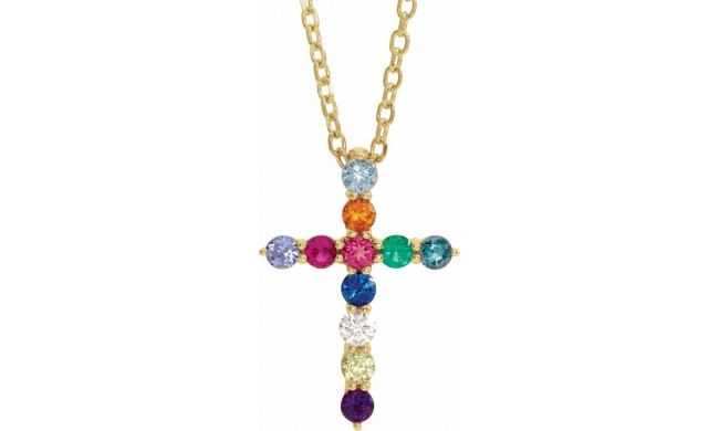 14K Yellow 14.6x10.5 mm .03 CT Multi-Gemstone Cross 16-18 Necklace