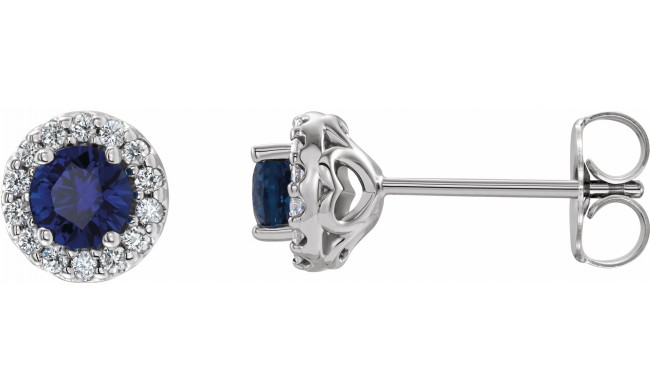 14K White 4 mm Round Blue Sapphire & 1/8 Diamond Earrings