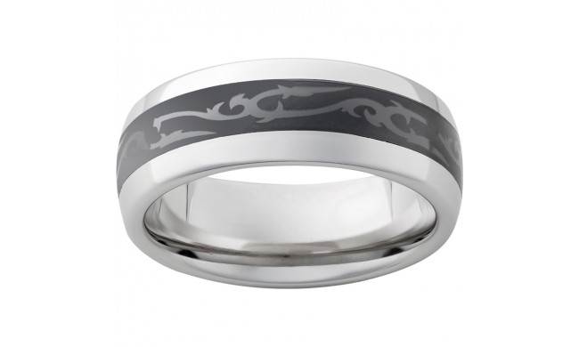 Serinium Domed Band with Black CeramicInlay and Scroll Laser Engraving