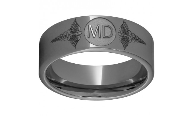 Rugged Tungsten  Pipe Cut Band with Laser Engraving of Caduceus & Medical Doctor Initials
