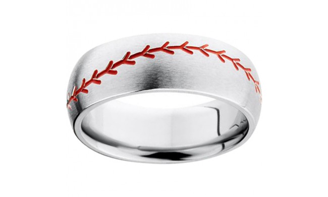 Serinium Domed Band with Milled Baseball stitch and Red Enamel Inlay