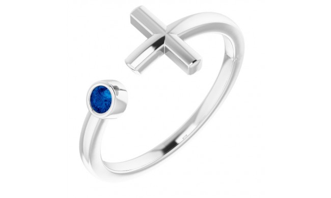 14K White Blue Sapphire Negative Space Cross Ring