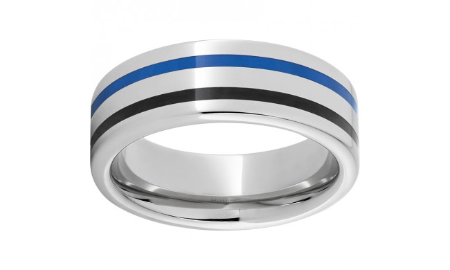 Serinium Pipe Cut Band with Two 1mm Grooves with Black and Blue Enamel