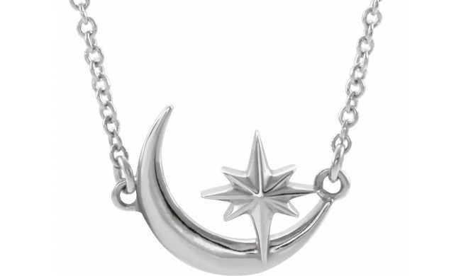 14K White Crescent Moon & Star 16-18 Necklace