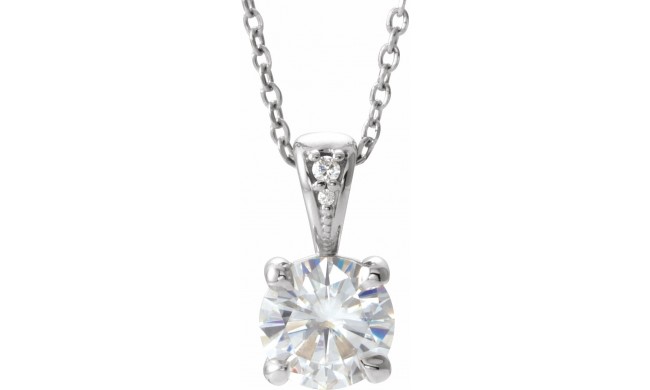 14K White 6.5 mm Round Forever Oneu2122 Moissanite & .01 CTW Diamond 16-18 Necklace