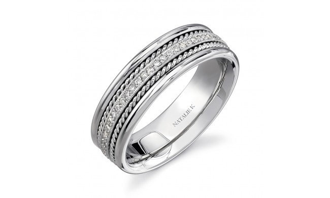 14k White Gold Rope Detail Pave Diamond Men's Band