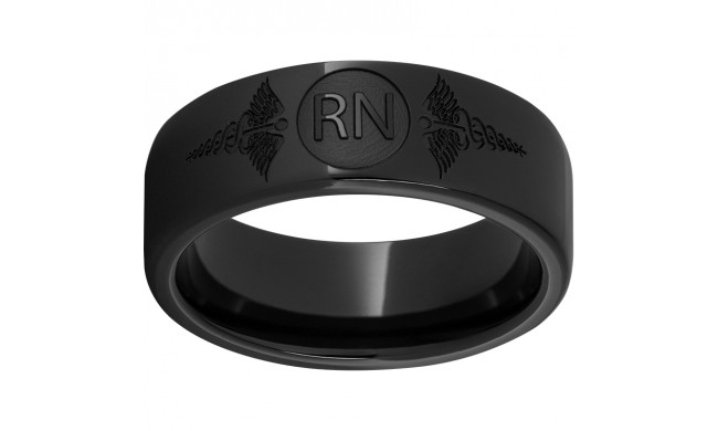 Black Diamond Ceramic Pipe Cut Band with Laser Engraving of Caduceus & Registered Nurse Initials