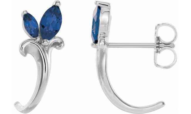 14K White Blue Sapphire Floral-Inspired J-Hoop Earrings