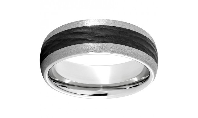 Serinium Domed Band with Bark Finish Black CeramicInlay and Stone Finish Edges