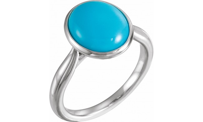 14K White 12x10 mm Oval Cabochon Turquoise Ring