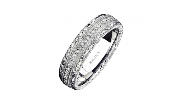 14k White Gold Hand Engraved Pave Diamond Men's Band