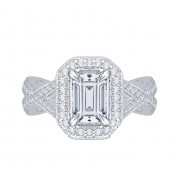 Shah Luxury 14K White Gold Emerald Cut Diamond Halo Engagement Ring with Split Shank (Semi-Mount)