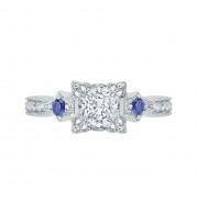 Shah Luxury 14K White Gold Princess Diamond Engagement Ring with Sapphire (Semi-Mount)