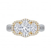 Shah Luxury 14K Two-Tone Gold Oval Cut Diamond Three-Stone Halo Engagement Ring (Semi-Mount)