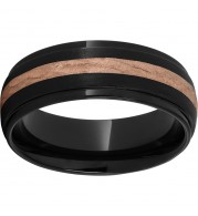 Black Diamond Ceramic Domed Grooved Edge Band with a 2mm 14K Rose Gold Bark Finish Inlay and Stone Finish
