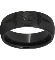 Black Diamond Ceramic Domed Band with Laser Engraving of Caduceus & Medical Doctor Initials